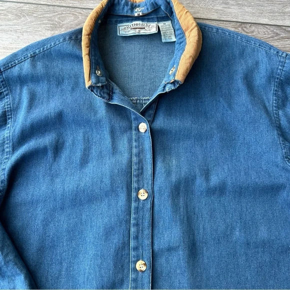 Vintage 90s Rhythm  Blue Removable Embroidery Collar Chambray Button Down Shirt - Picture 10 of 16